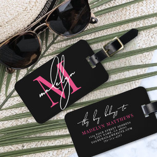 Étiquette À Bagage Monogramme Initial Nom Personnalisé Rose Chaud