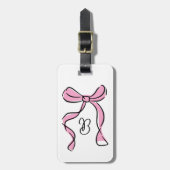 Étiquette À Bagage Monogramme initiale à nœud rose coquette en script (Devant Vertical)