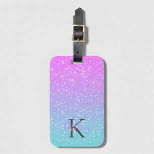 Étiquette À Bagage Monogramme Initiale Nom Rose Bleu Paillettes Ombré