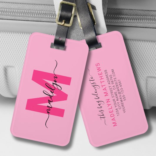 Étiquette À Bagage Monogramme Initiale Personnalisé Moderne Rose Nom