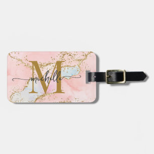 Étiquette À Bagage Monogramme Initiale Script en Agate Rose Pâle Élég
