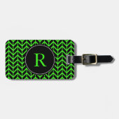 Étiquette À Bagage Monogramme Initiales Herringbone Motif Neon Green (Devant horizontal)