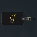 Étiquette À Bagage Monogramme J, couleur or initial J sur noir<br><div class="desc">Monogramme or initial J sur arrière - plan noir</div>