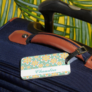 Étiquette À Bagage Monogramme joli fleurs orange sur vert
