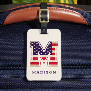 Étiquette À Bagage Monogramme M de drapeau USA moderne