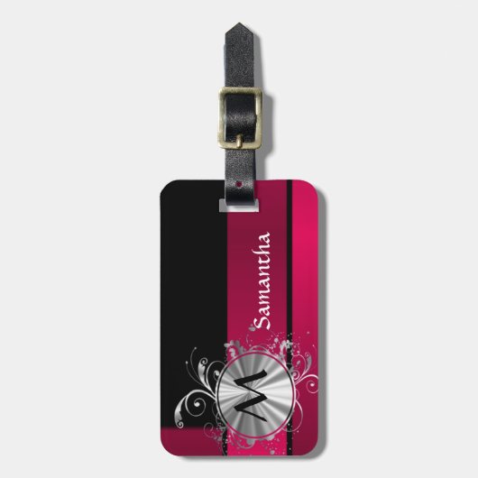 Étiquette À Bagage Monogramme magenta et argenté (Devant Vertical)