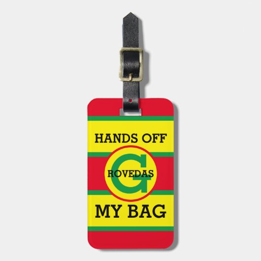 Étiquette À Bagage Monogramme mains off My Bag Text on Red Yellow Gre (Devant Vertical)