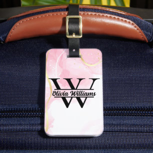 Étiquette À Bagage Monogramme Marbre Rose Paillettes Dorées Moderne