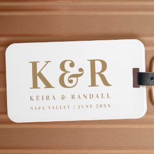 Étiquette À Bagage Monogramme mariage minimaliste Or simple et blanc