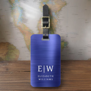 Étiquette À Bagage Monogramme Marine Bleu Brossé Métallique Élégant