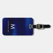 Étiquette À Bagage Monogramme Marine Bleu Faux Métal Acier Stylisé Pe (Devant horizontal)