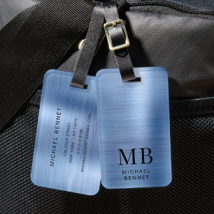 Étiquette À Bagage Monogramme Métal Brossé Bleu Élégant
