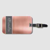 Étiquette À Bagage Monogramme métal brossé rose or Nom (Devant Horizontal)