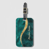 Étiquette À Bagage Monogramme métal brossé turquoise or Nom et initia (Devant Vertical)