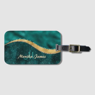 Étiquette À Bagage Monogramme métal brossé turquoise or Nom et initia