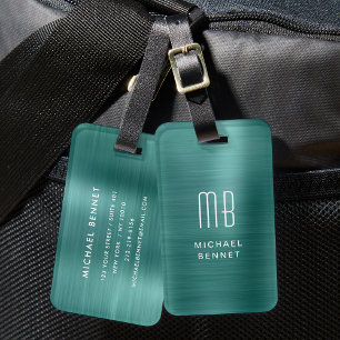 Étiquette À Bagage Monogramme Métal Brossé Vert Émeraude