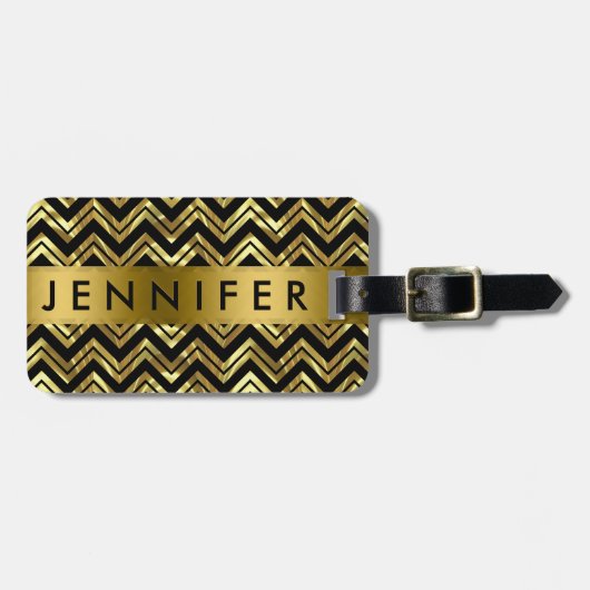 Étiquette À Bagage Monogramme métal or Zigzag Chevron Motif (Devant horizontal)