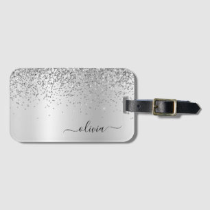 Étiquette À Bagage Monogramme Métal Paillettes Argent Nom Glamour