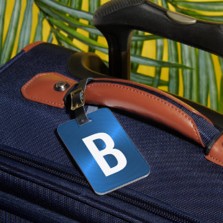Étiquette À Bagage Monogramme métallique brossé bleu initial