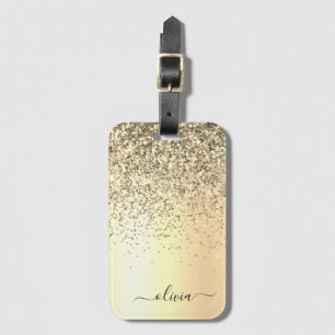 Étiquette À Bagage Monogramme métallisé paillettes dorées Nom Glamour
