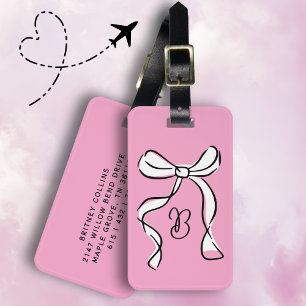 Étiquette À Bagage Monogramme Minimal Script Coquette Nœud Rose Gras