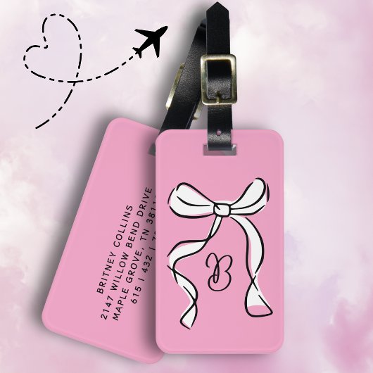 Étiquette À Bagage Monogramme Minimal Script Coquette Nœud Rose Gras