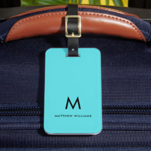 Étiquette À Bagage Monogramme minimal Turquoise moderne personnalisé