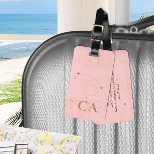 Étiquette À Bagage Monogramme minimaliste Avion Pink Gold Voyage