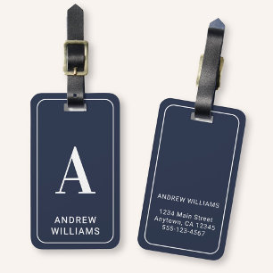 Étiquette À Bagage Monogramme Minimaliste Moderne avec Nom - Bleu Nui