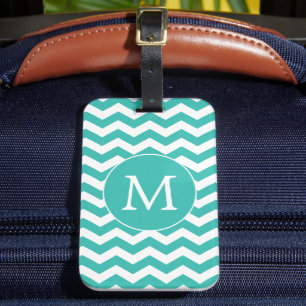 Étiquette À Bagage Monogramme moderne Aqua Chevron Stripes Motif