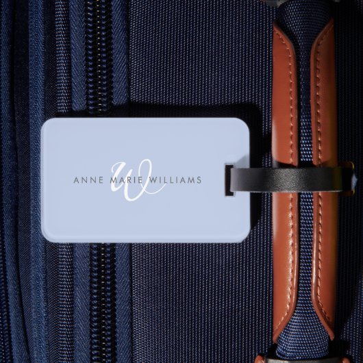 Étiquette À Bagage Monogramme Moderne Bleu Blanc Script (Verso Insitu 2)