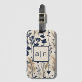 Étiquette À Bagage Monogramme Moderne Bleu Floral (Devant Vertical)
