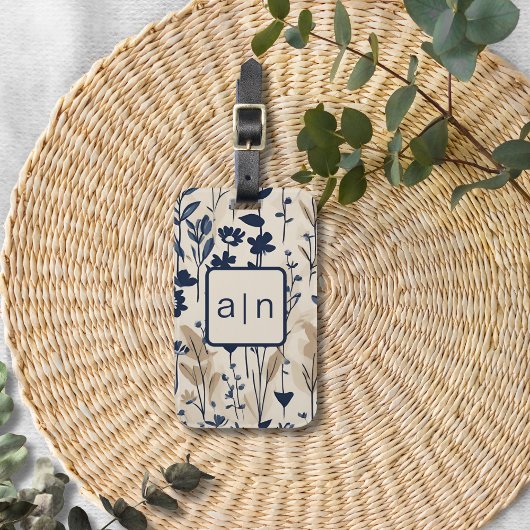 Étiquette À Bagage Monogramme Moderne Bleu Floral