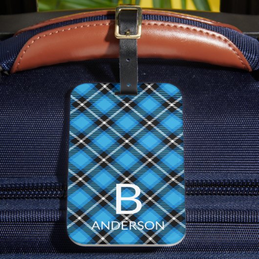 Étiquette À Bagage Monogramme Moderne Bleu Noir Plaid Motif | Tartan (Insitu Rectoal 2)