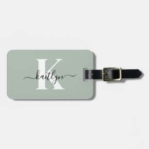 Étiquette À Bagage Monogramme Moderne de Vert Sauge en Écriture