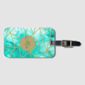 Étiquette À Bagage Monogramme moderne Elégant Aqua Blue Aquarelle Or (Devant Horizontal)