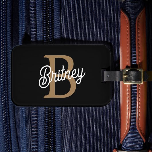 Étiquette À Bagage Monogramme moderne élégant Nom Black Gold Script (Insitu Rectoal 4)