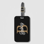 Étiquette À Bagage Monogramme moderne élégant Nom Black Gold Script (Devant Vertical)