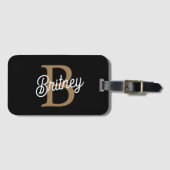 Étiquette À Bagage Monogramme moderne élégant Nom Black Gold Script (Devant Horizontal)
