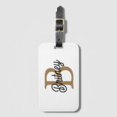 Étiquette À Bagage Monogramme moderne élégant Nom Black Gold Script (Devant Vertical)