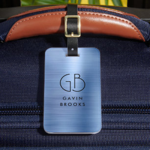 Étiquette À Bagage Monogramme moderne en acier bleu brillant brossé m