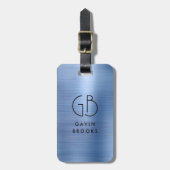 Étiquette À Bagage Monogramme moderne en acier bleu brillant brossé m (Devant Vertical)