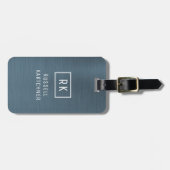 Étiquette À Bagage Monogramme moderne en métal brossé bleu marine (Devant horizontal)