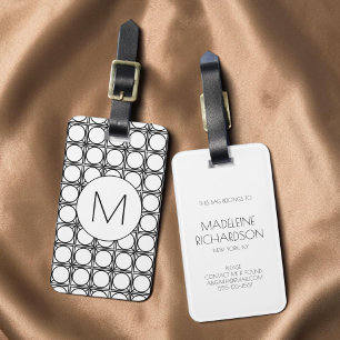 Étiquette À Bagage Monogramme Moderne en Rotin Noir et Blanc à Motif