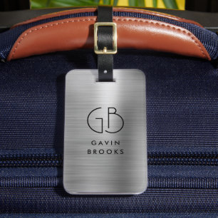 Étiquette À Bagage Monogramme moderne Gris argenté Métallique brossé
