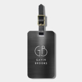 Étiquette À Bagage Monogramme moderne Gris Noir Brossé Glam Metallic (Devant Vertical)