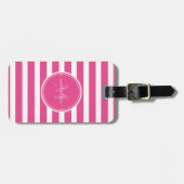 Étiquette À Bagage Monogramme moderne Hot Pink et White Stripes Nom (Devant horizontal)