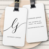 Étiquette À Bagage Monogramme moderne Noir Blanc Calligraphie Initial