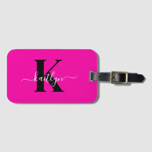 Étiquette À Bagage Monogramme moderne noir écriture cursive rose chau
