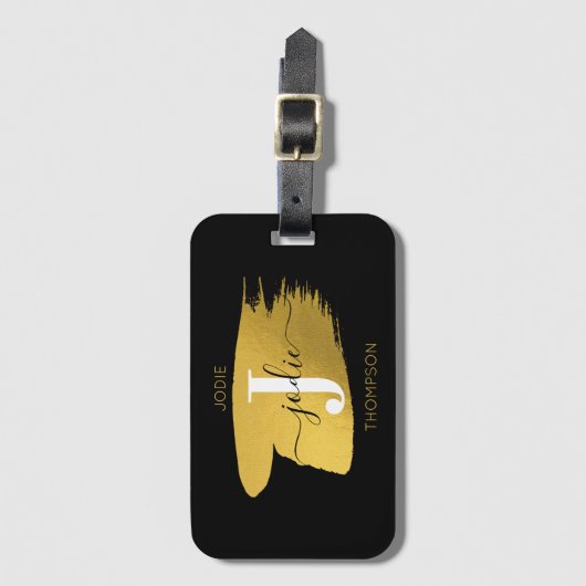 Étiquette À Bagage Monogramme moderne noir et or (Devant Vertical)
